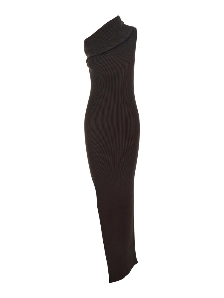 Athena Brown Ribbed Knit Sleeveless Asymmetric Long Dress with Wide Neckline in Viscose Blend Woman