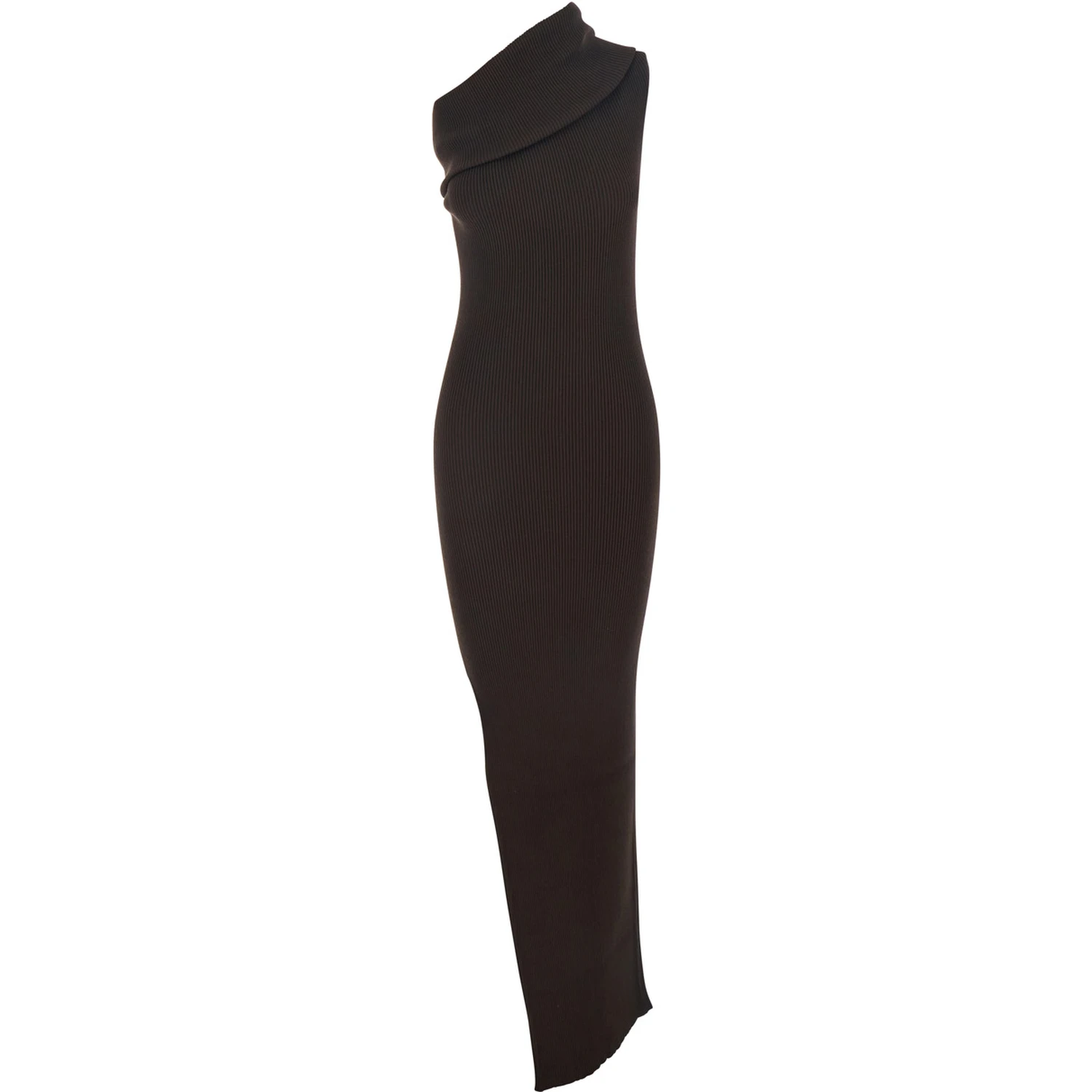 Athena Brown Ribbed Knit Sleeveless Asymmetric Long Dress with Wide Neckline in Viscose Blend Woman