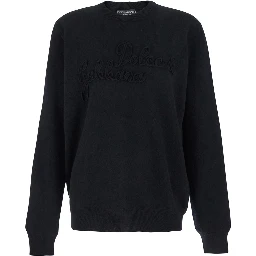 Black Crewneck Sweater with Logo Lettering on the Front in Wool Man