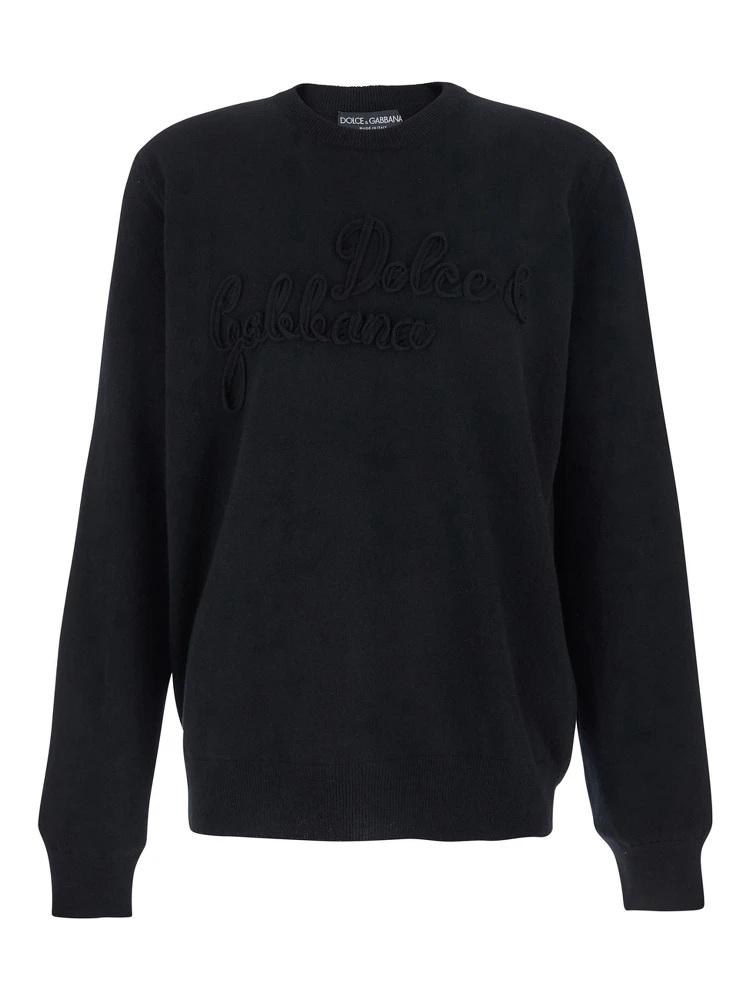 Black Crewneck Sweater with Logo Lettering on the Front in Wool Man