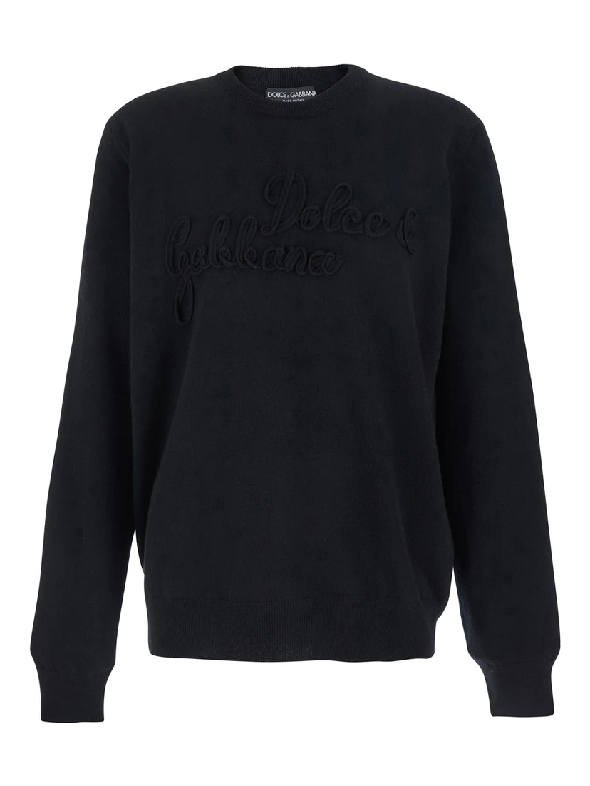 Black Crewneck Sweater with Logo Lettering on the Front in Wool Man