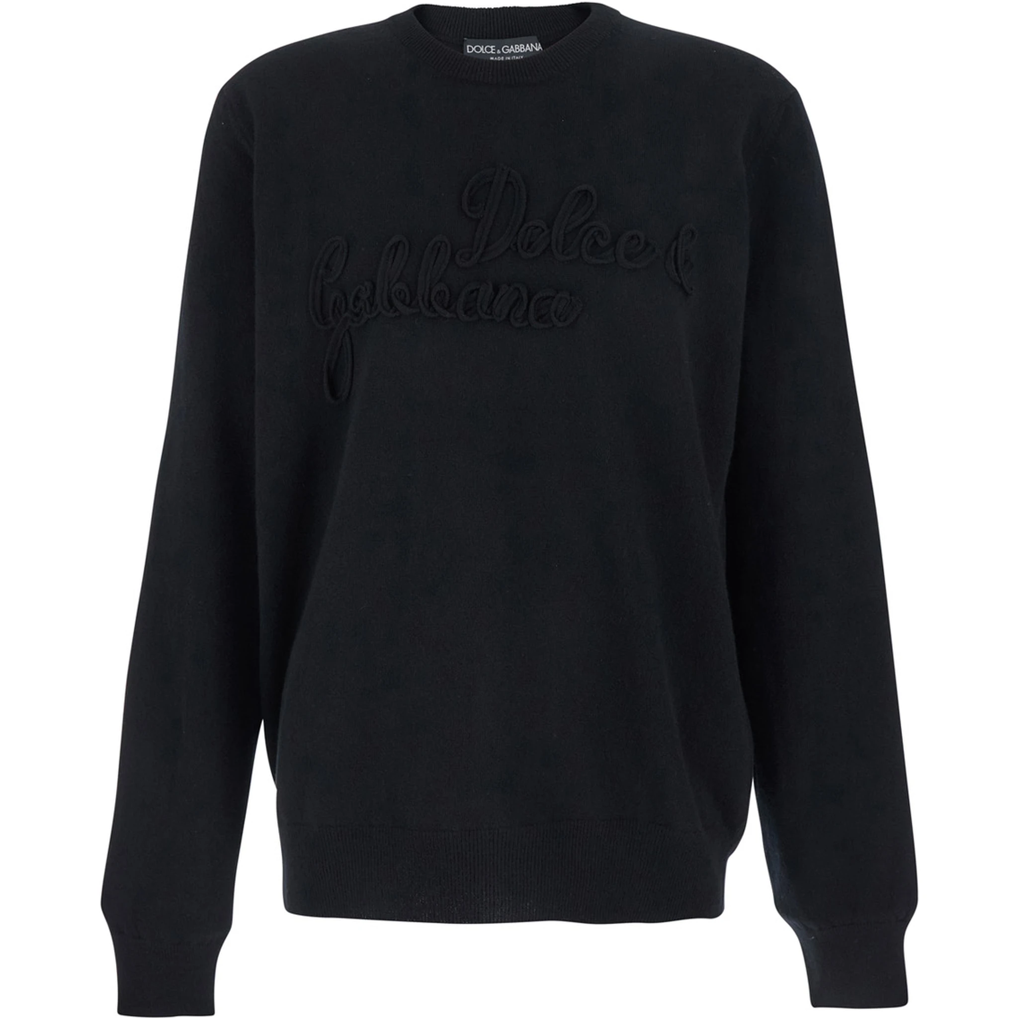 Black Crewneck Sweater with Logo Lettering on the Front in Wool Man