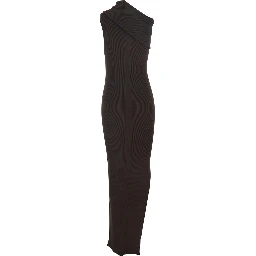 Athena Brown Ribbed Knit Sleeveless Asymmetric Long Dress with Wide Neckline in Viscose Blend Woman