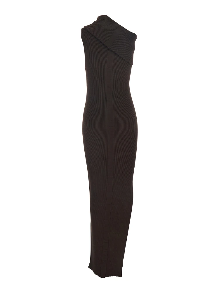 Athena Brown Ribbed Knit Sleeveless Asymmetric Long Dress with Wide Neckline in Viscose Blend Woman alternative