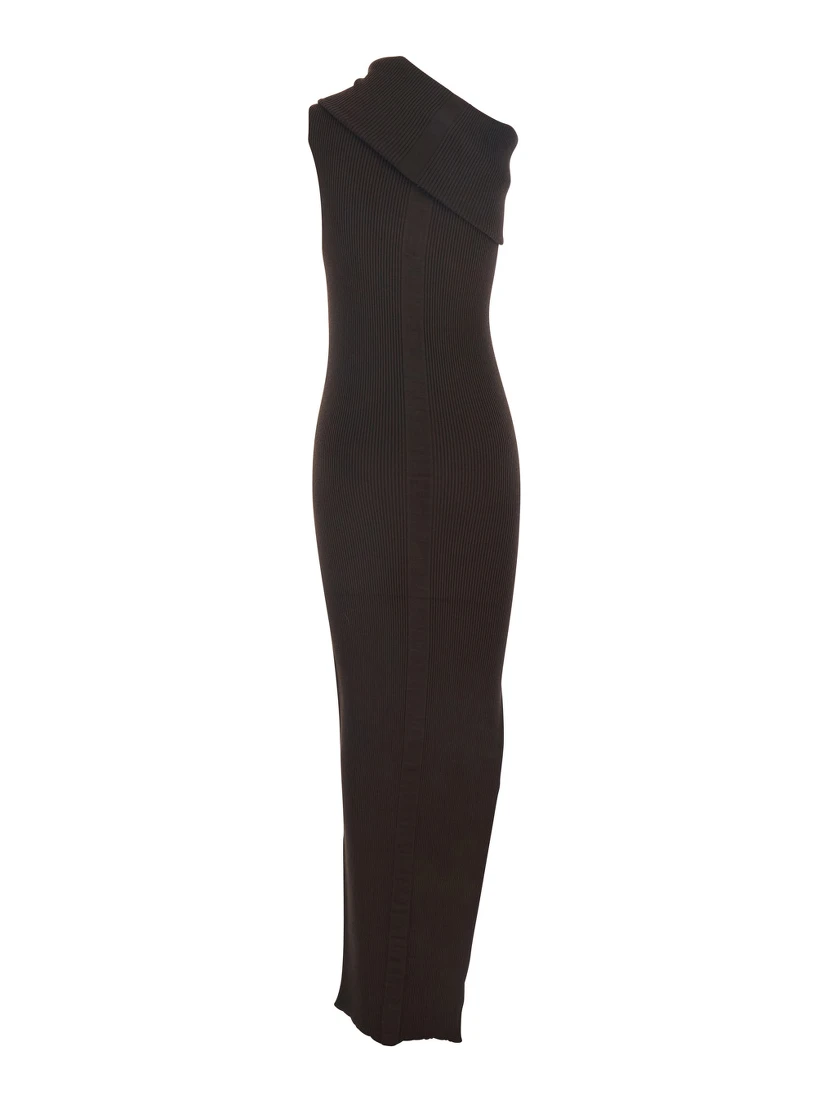 Athena Brown Ribbed Knit Sleeveless Asymmetric Long Dress with Wide Neckline in Viscose Blend Woman