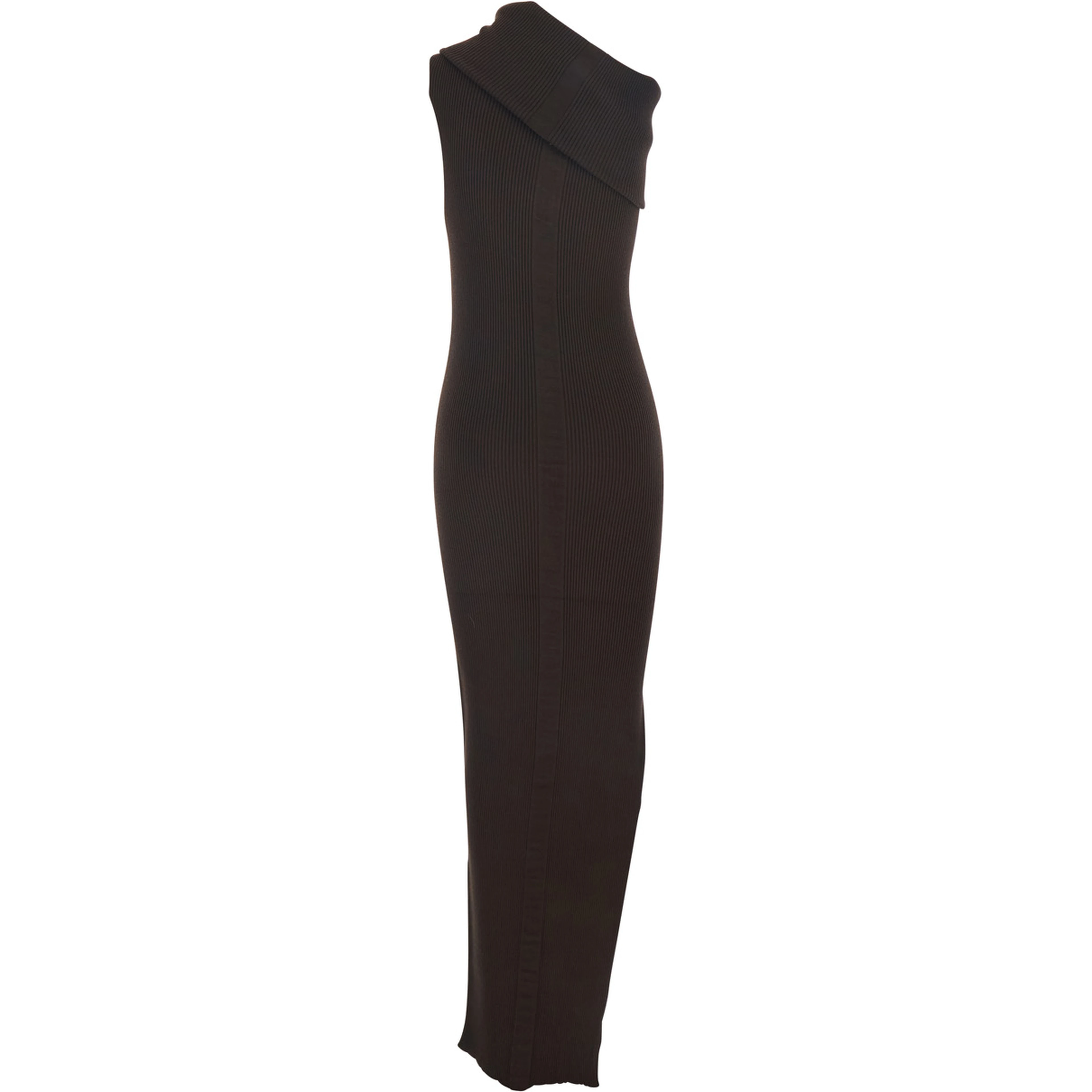 Athena Brown Ribbed Knit Sleeveless Asymmetric Long Dress with Wide Neckline in Viscose Blend Woman