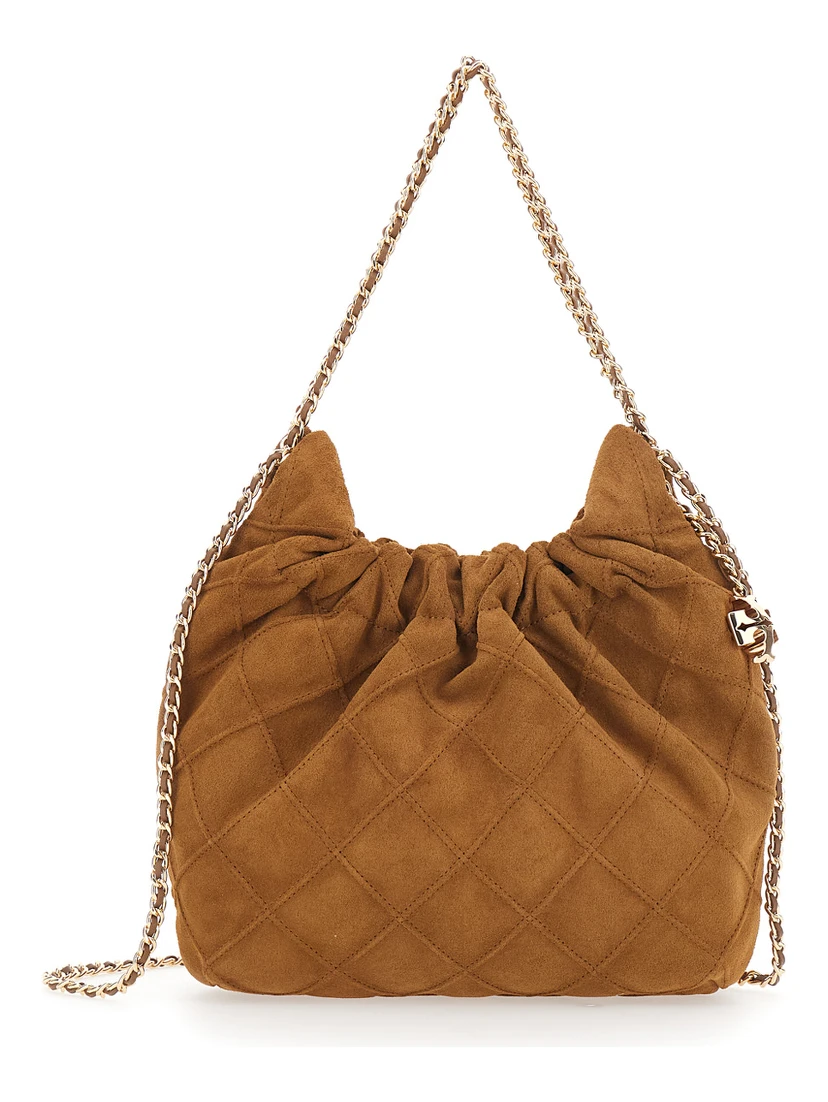 Fleming Mini Brown Shoulder Bag with Chain Strap and Metallic Pendant with Logo in Suede Woman