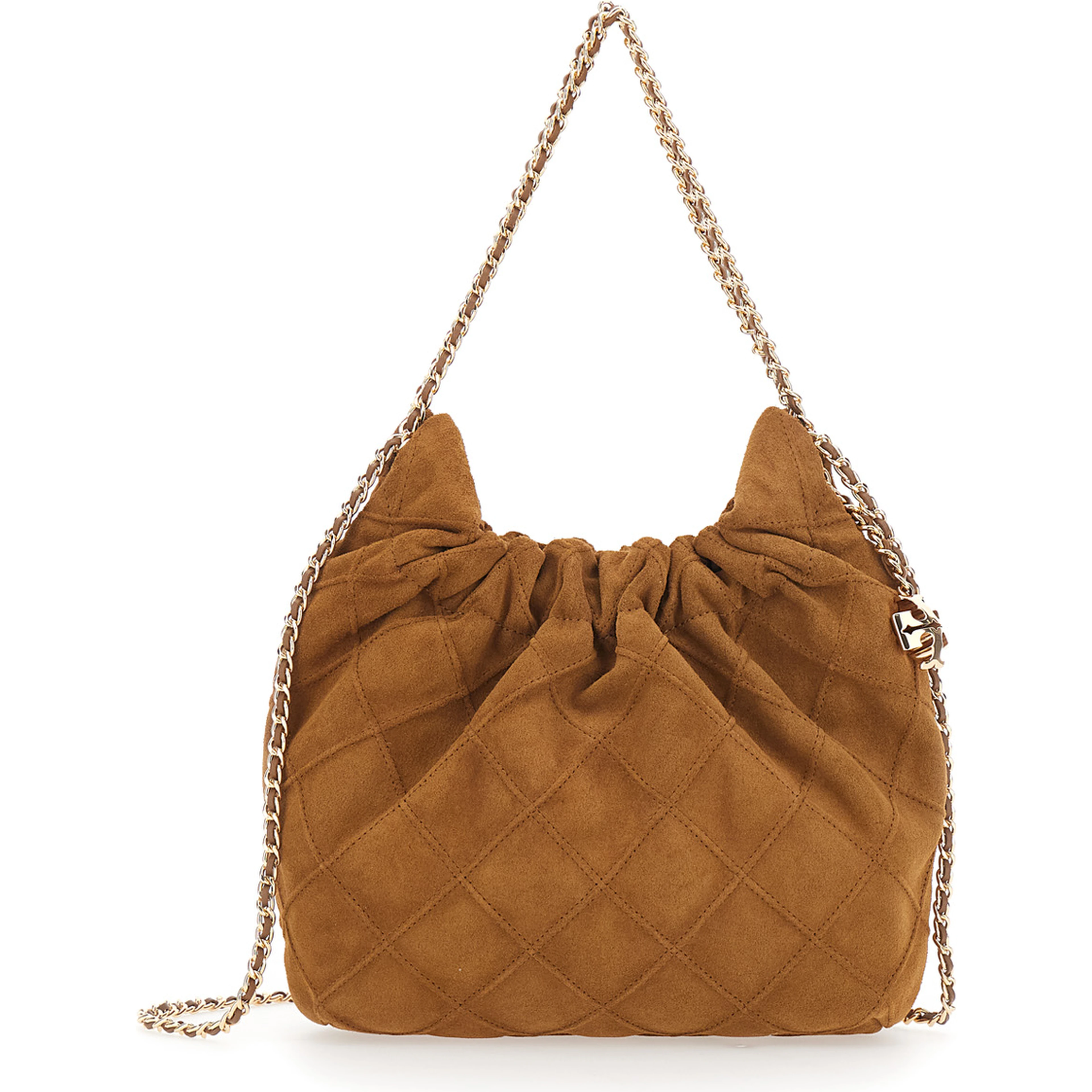 Fleming Mini Brown Shoulder Bag with Chain Strap and Metallic Pendant with Logo in Suede Woman