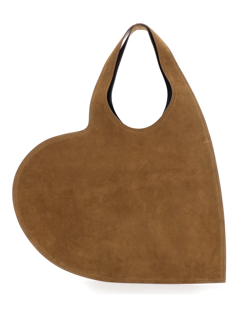 Brown Heart Shaped Shoulder Bag with Cut-Out on the Handle in Suede Woman