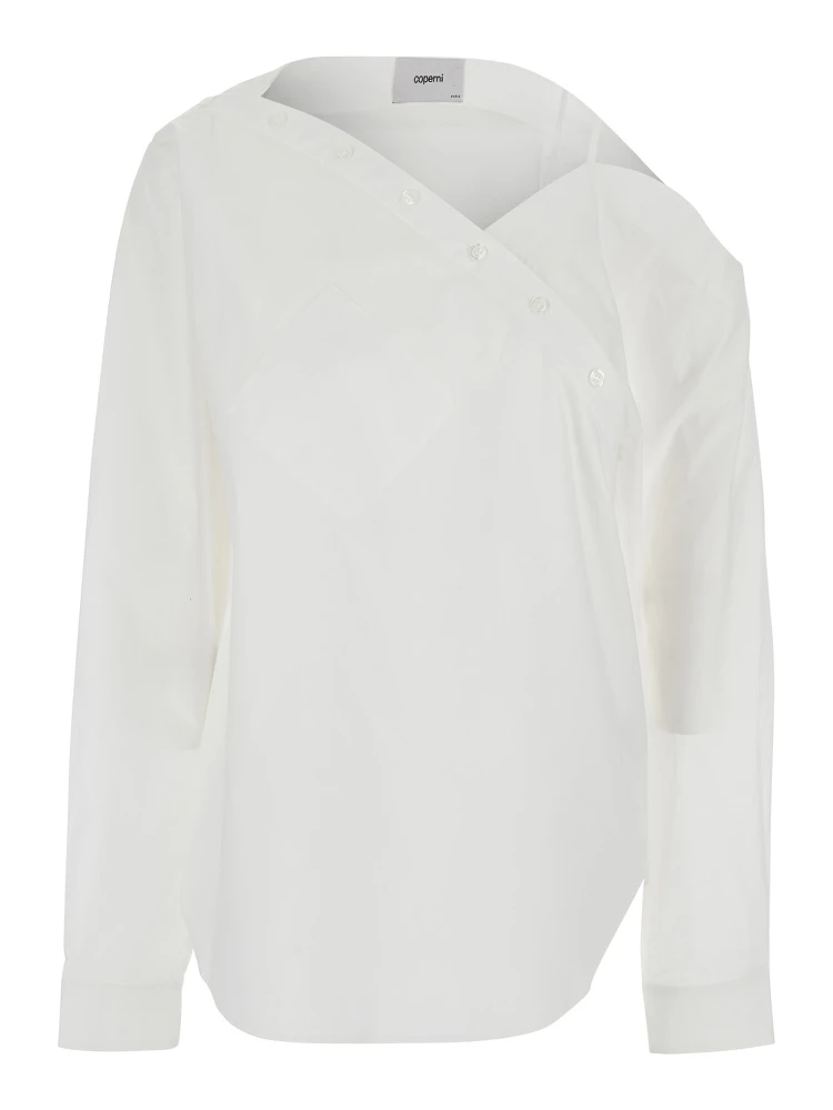 Heart White Shirt with Asymmetric Buttons and Chest Pocket in Cotton Woman