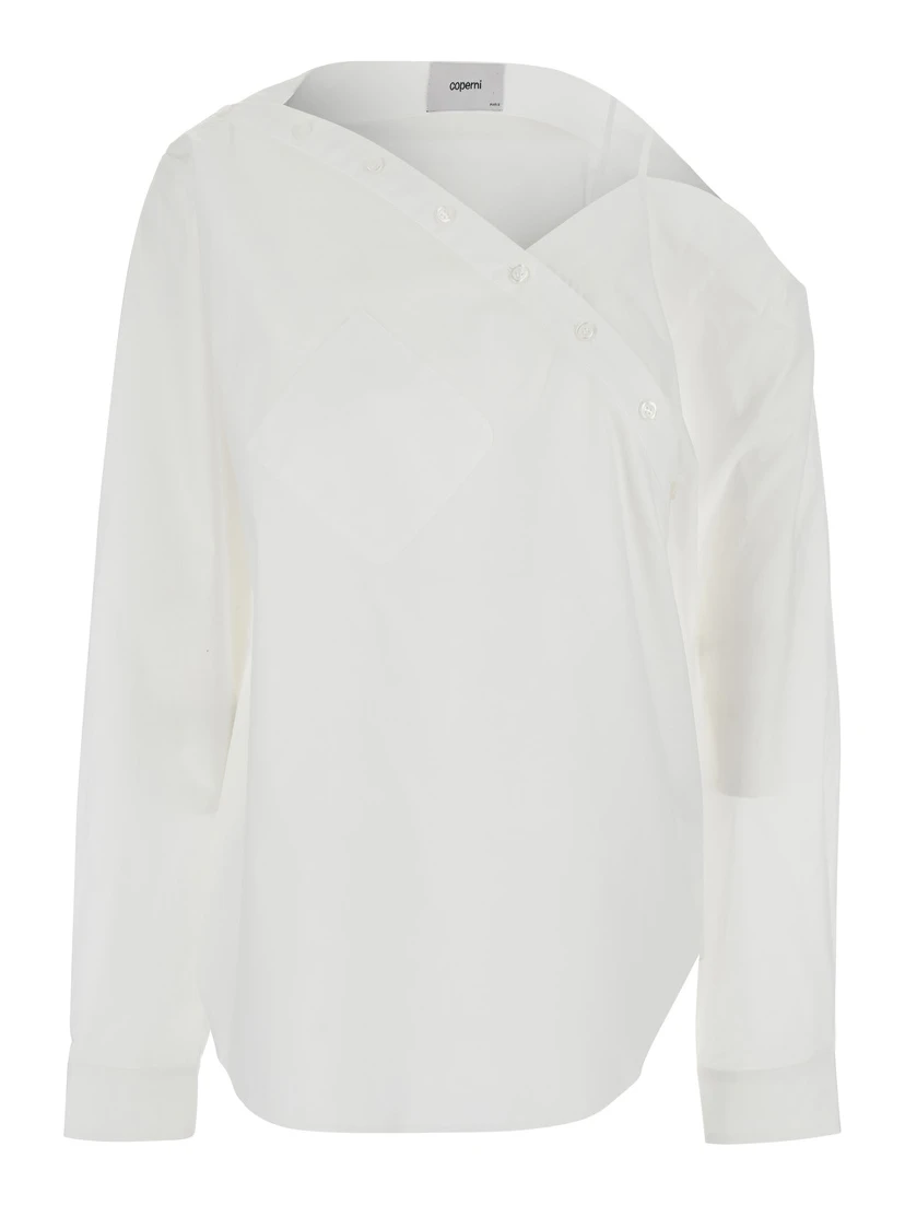 Heart White Shirt with Asymmetric Buttons and Chest Pocket in Cotton Woman