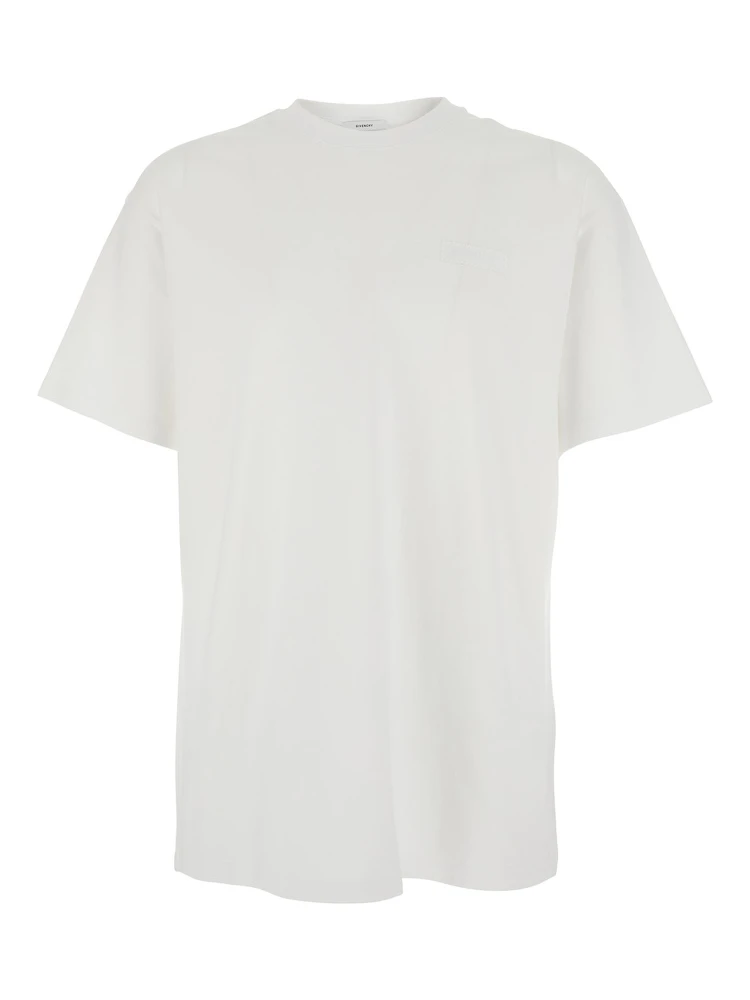 White Crew Neck T-Shirt with Chest Logo Patch in Cotton Man