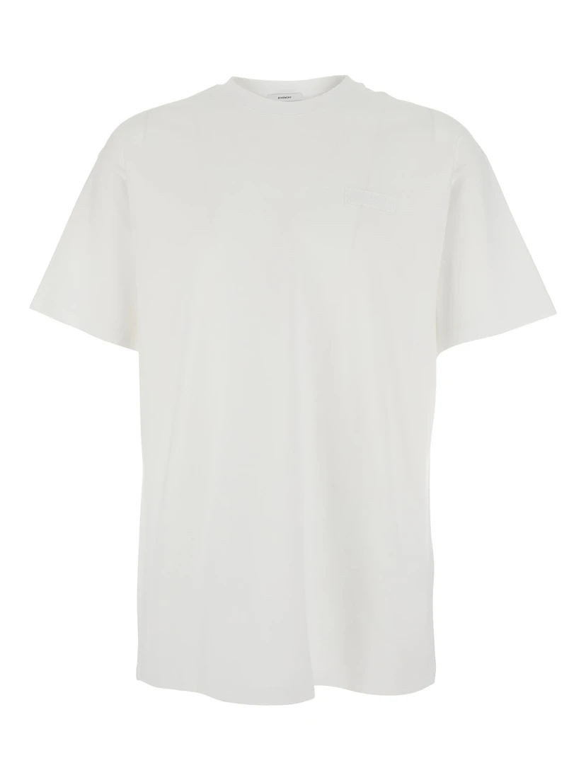 White Crew Neck T-Shirt with Chest Logo Patch in Cotton Man