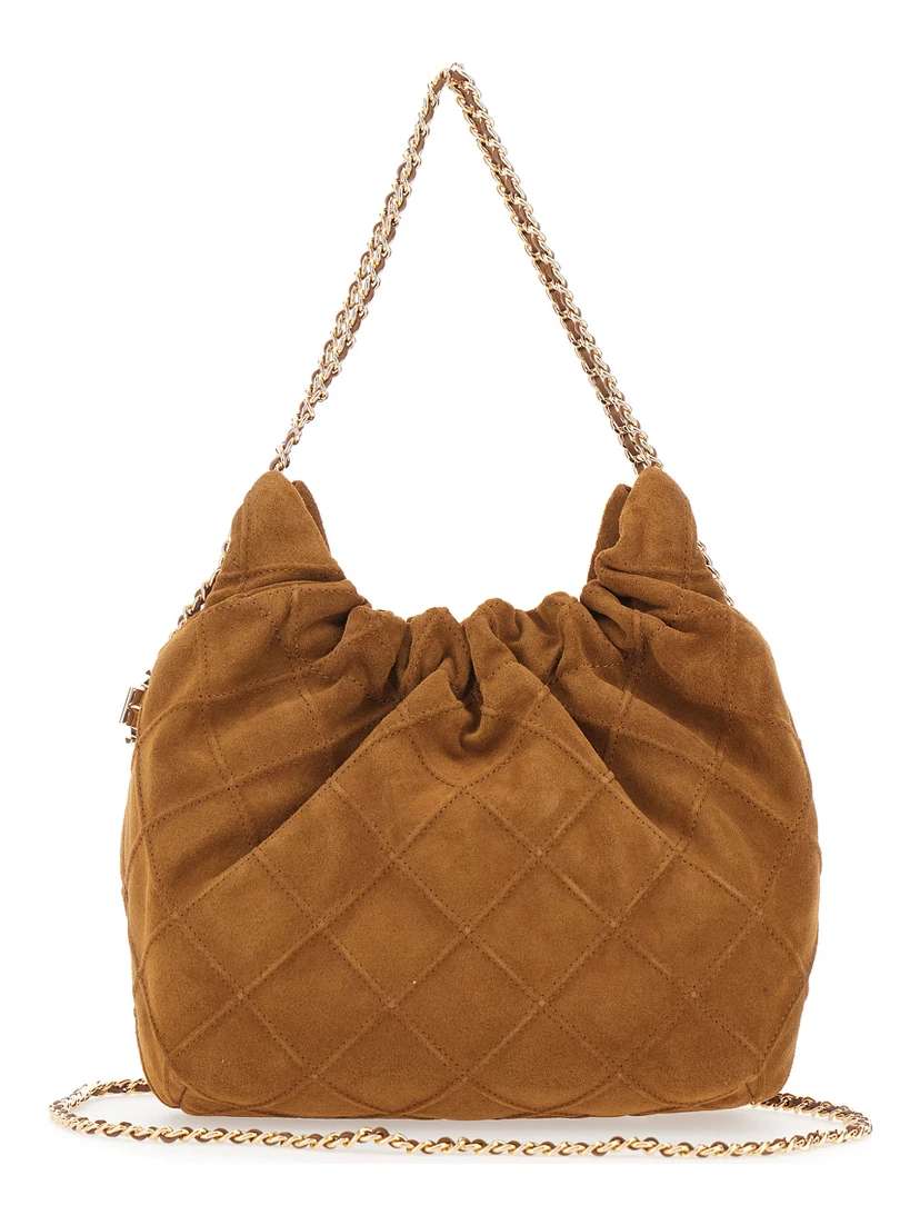 Fleming Mini Brown Shoulder Bag with Chain Strap and Metallic Pendant with Logo in Suede Woman