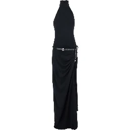 Black Long Dress with Open Back and Logo Belt at the Waist in Fabric Woman