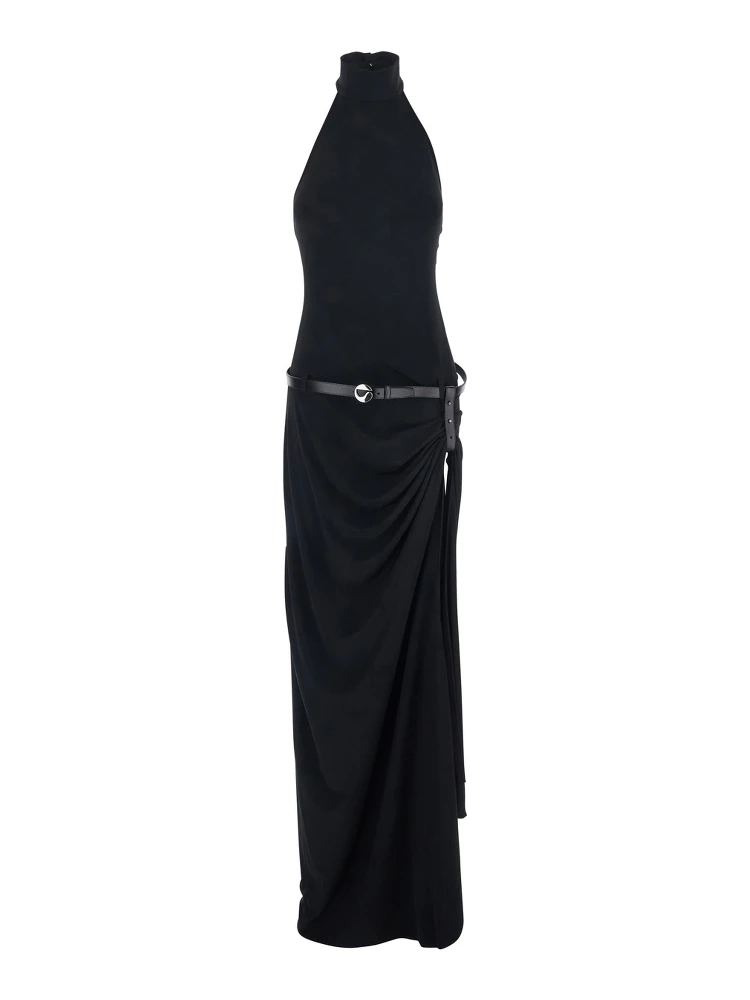 Black Long Dress with Open Back and Logo Belt at the Waist in Fabric Woman