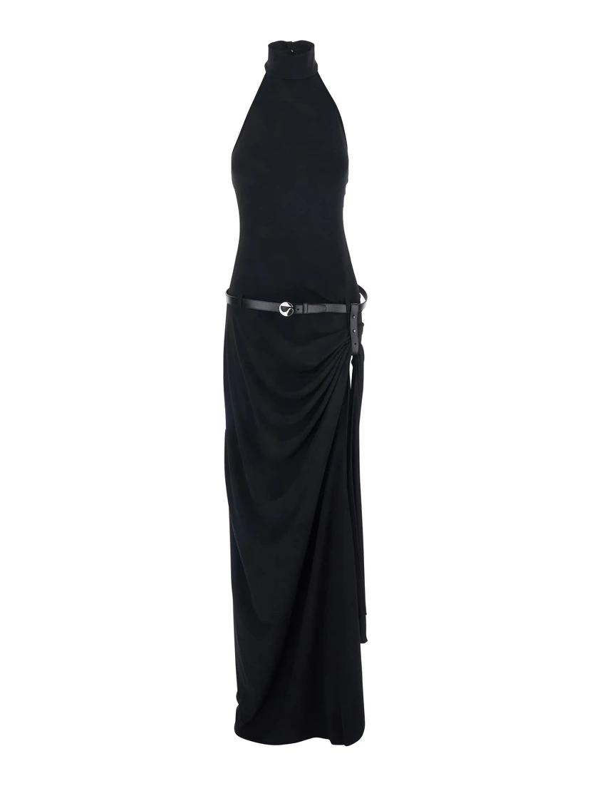 Black Long Dress with Open Back and Logo Belt at the Waist in Fabric Woman