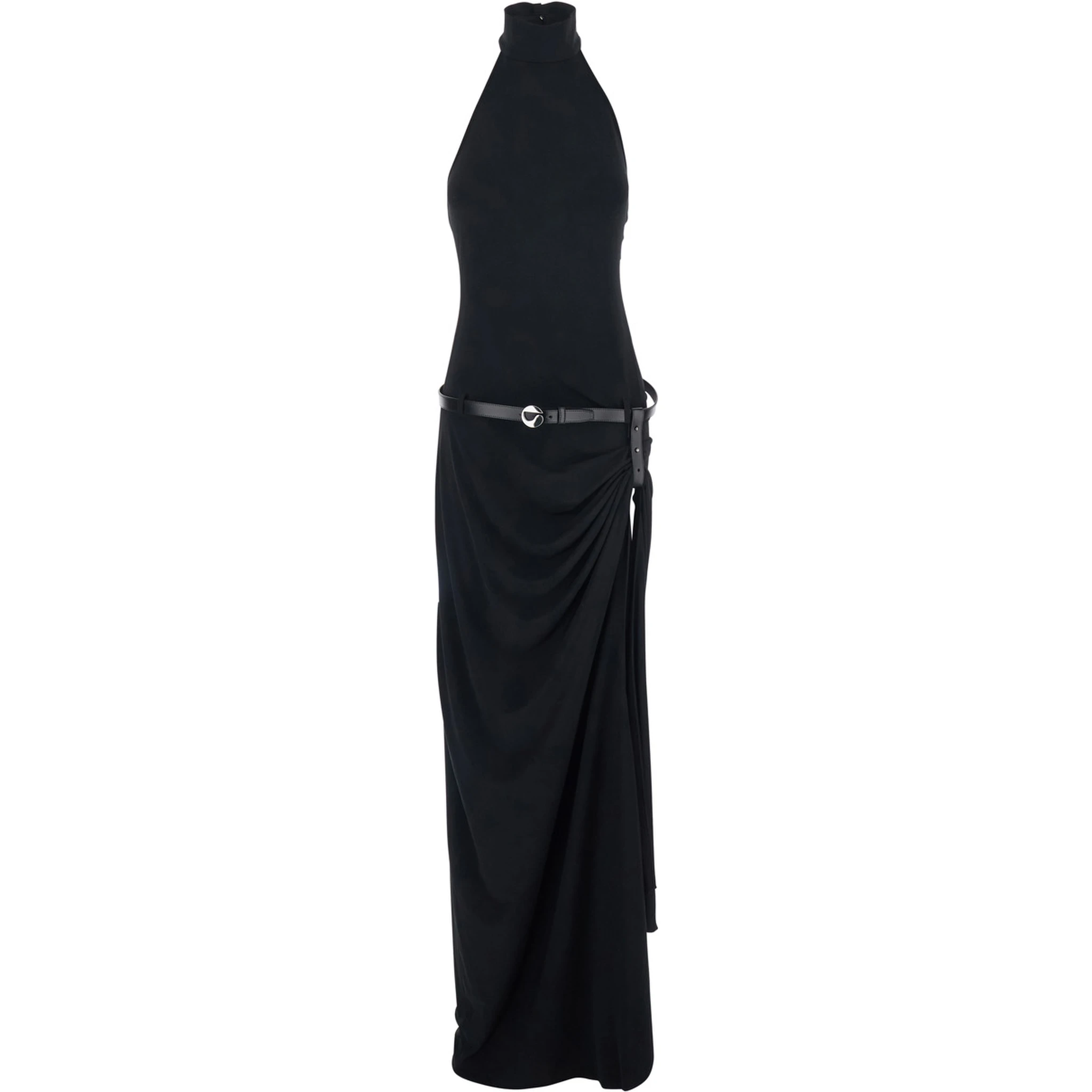 Black Long Dress with Open Back and Logo Belt at the Waist in Fabric Woman