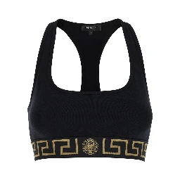 Black Sports Bra with Greca and Medusa Detail in Stretch Cotton Woman