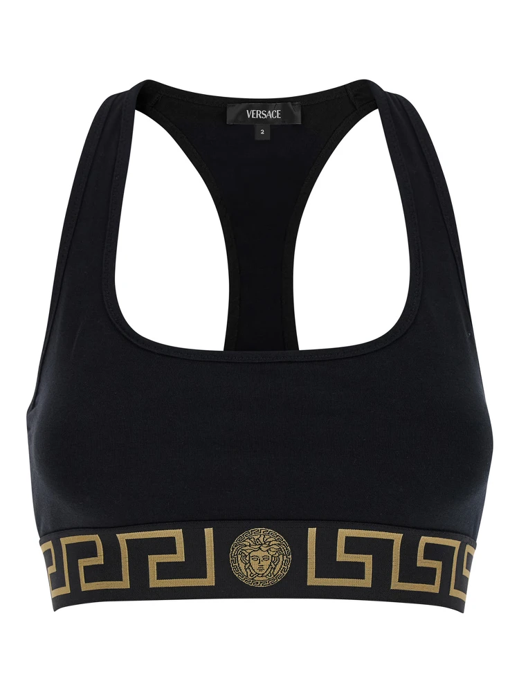 Black Sports Bra with Greca and Medusa Detail in Stretch Cotton Woman