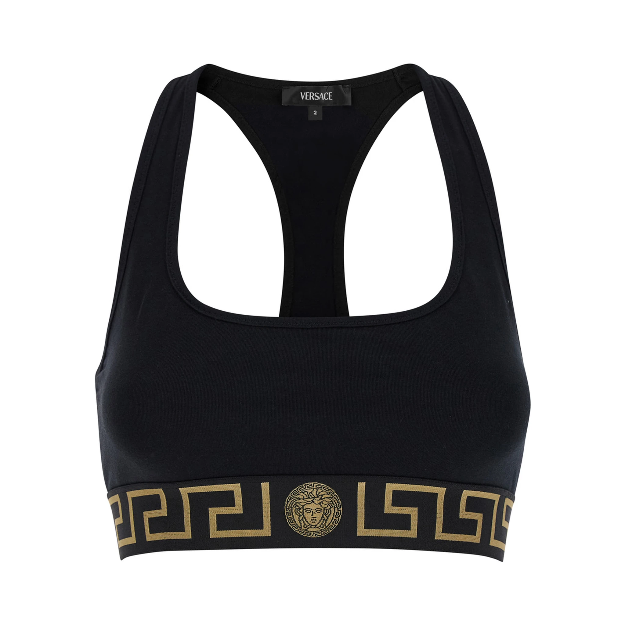Black Sports Bra with Greca and Medusa Detail in Stretch Cotton Woman