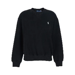 Black Crew Neck Sweatshirt with Dropped Shoulders and Embroidered Pony on the Front in Cotton Blend Woman