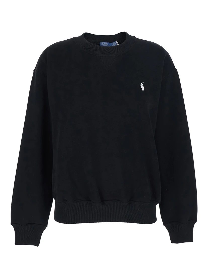 Black Crew Neck Sweatshirt with Dropped Shoulders and Embroidered Pony on the Front in Cotton Blend Woman