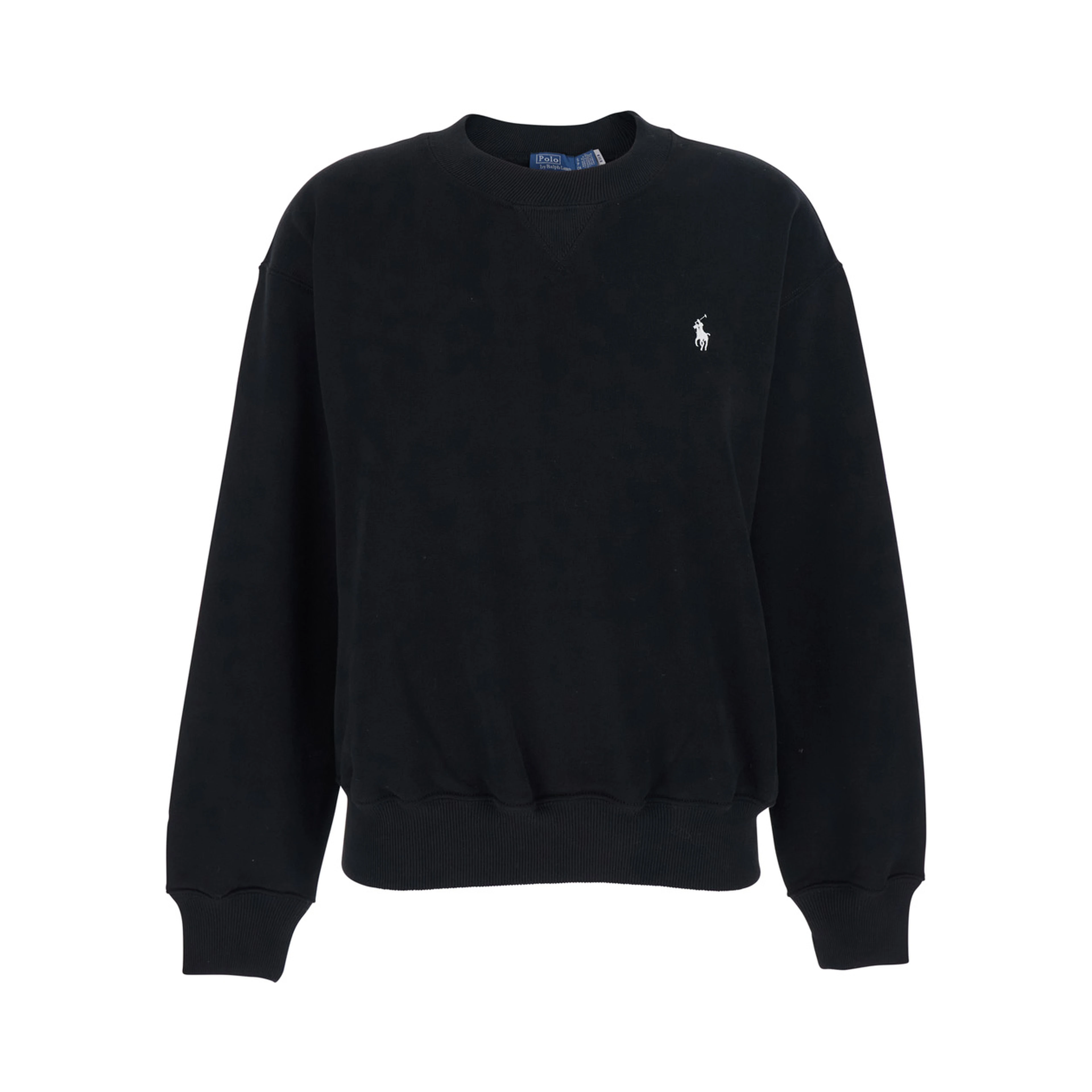 Black Crew Neck Sweatshirt with Dropped Shoulders and Embroidered Pony on the Front in Cotton Blend Woman