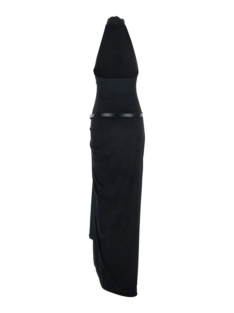 Black Long Dress with Open Back and Logo Belt at the Waist in Fabric Woman alternative