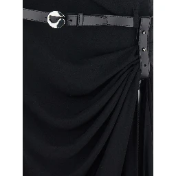 Black Long Dress with Open Back and Logo Belt at the Waist in Fabric Woman