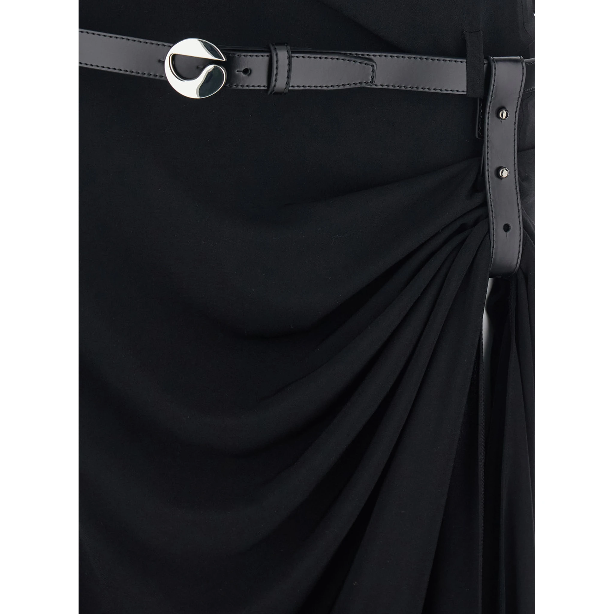 Black Long Dress with Open Back and Logo Belt at the Waist in Fabric Woman