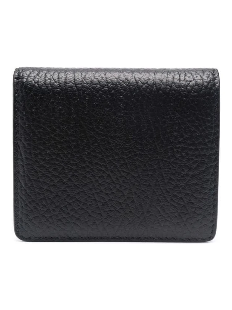 Black Bi-Fold Wallet with Four-Stitch Logo in Grained Leather Woman