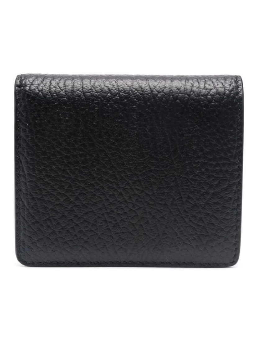 Black Bi-Fold Wallet with Four-Stitch Logo in Grained Leather Woman