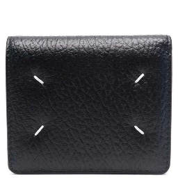 Black Bi-Fold Wallet with Four-Stitch Logo in Grained Leather Woman