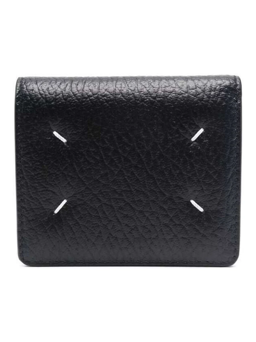 Black Bi-Fold Wallet with Four-Stitch Logo in Grained Leather Woman