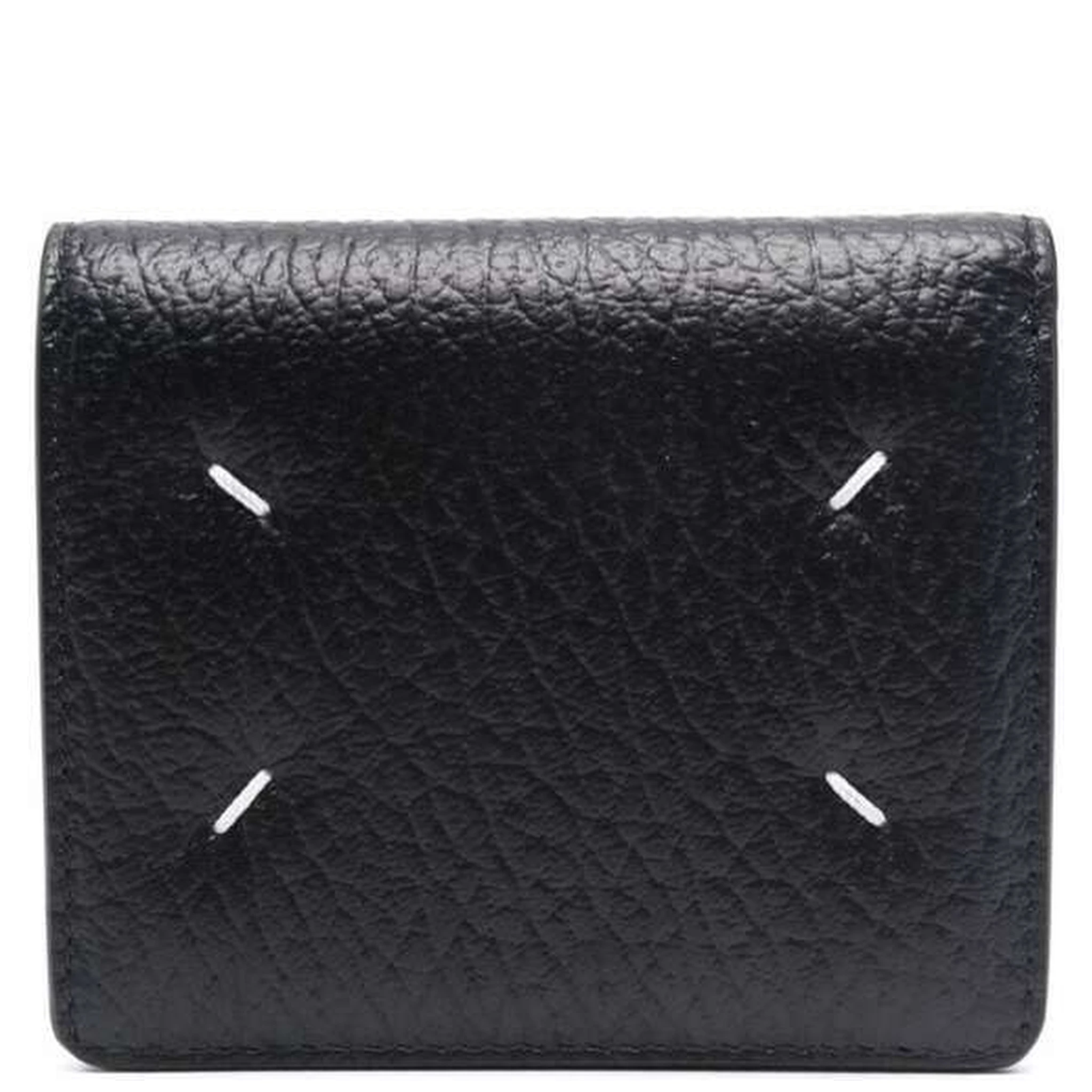 Black Bi-Fold Wallet with Four-Stitch Logo in Grained Leather Woman