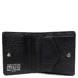 Black Bi-Fold Wallet with Four-Stitch Logo in Grained Leather Woman