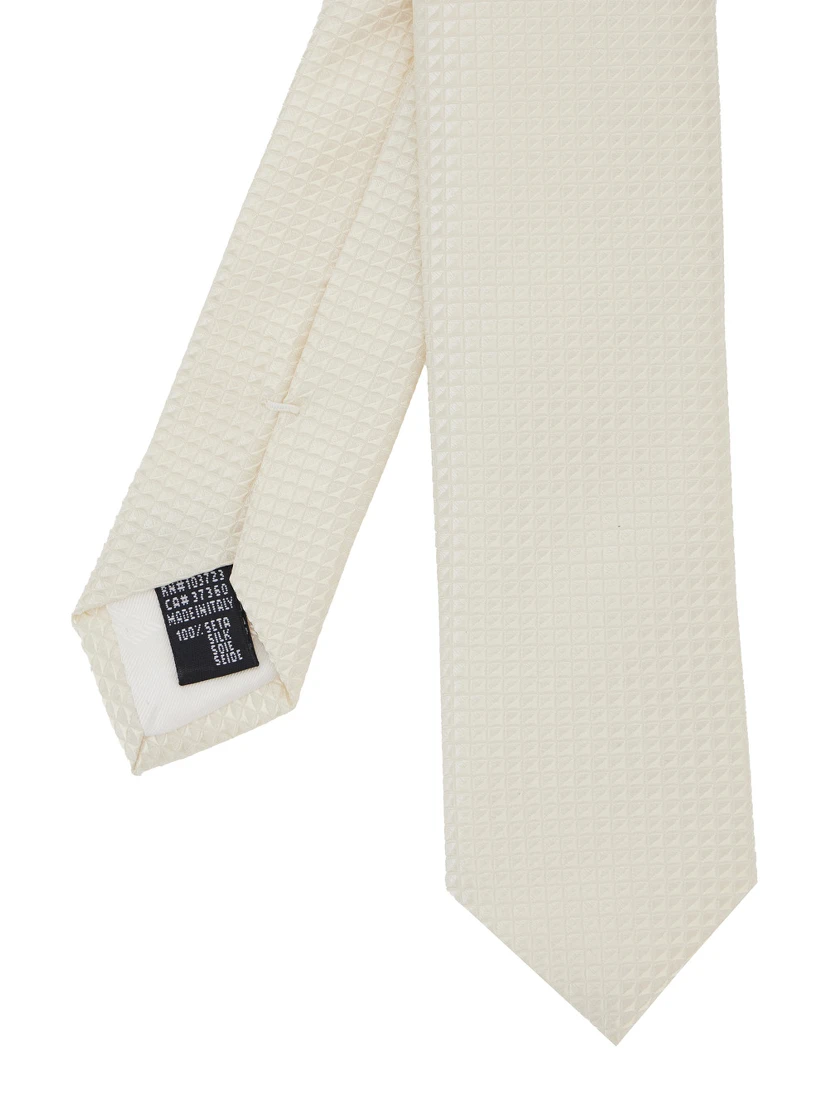 White Classic Tie with All-Over Check Motif in Silk Man