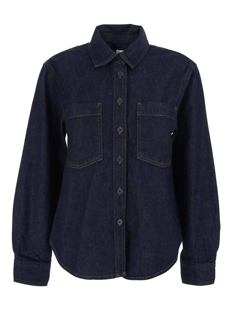 Blue Shirt with Classic Collar and Two Patch Pockets on the Chest in Denim Woman