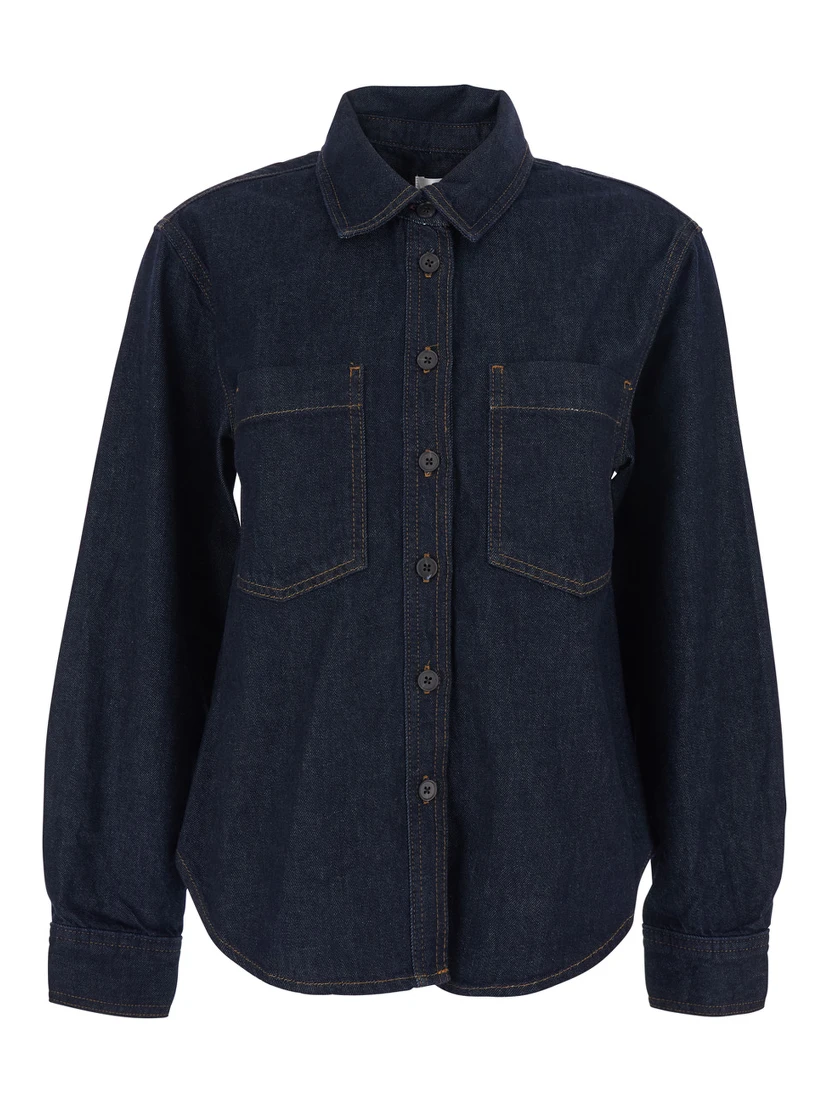 Blue Shirt with Classic Collar and Two Patch Pockets on the Chest in Denim Woman
