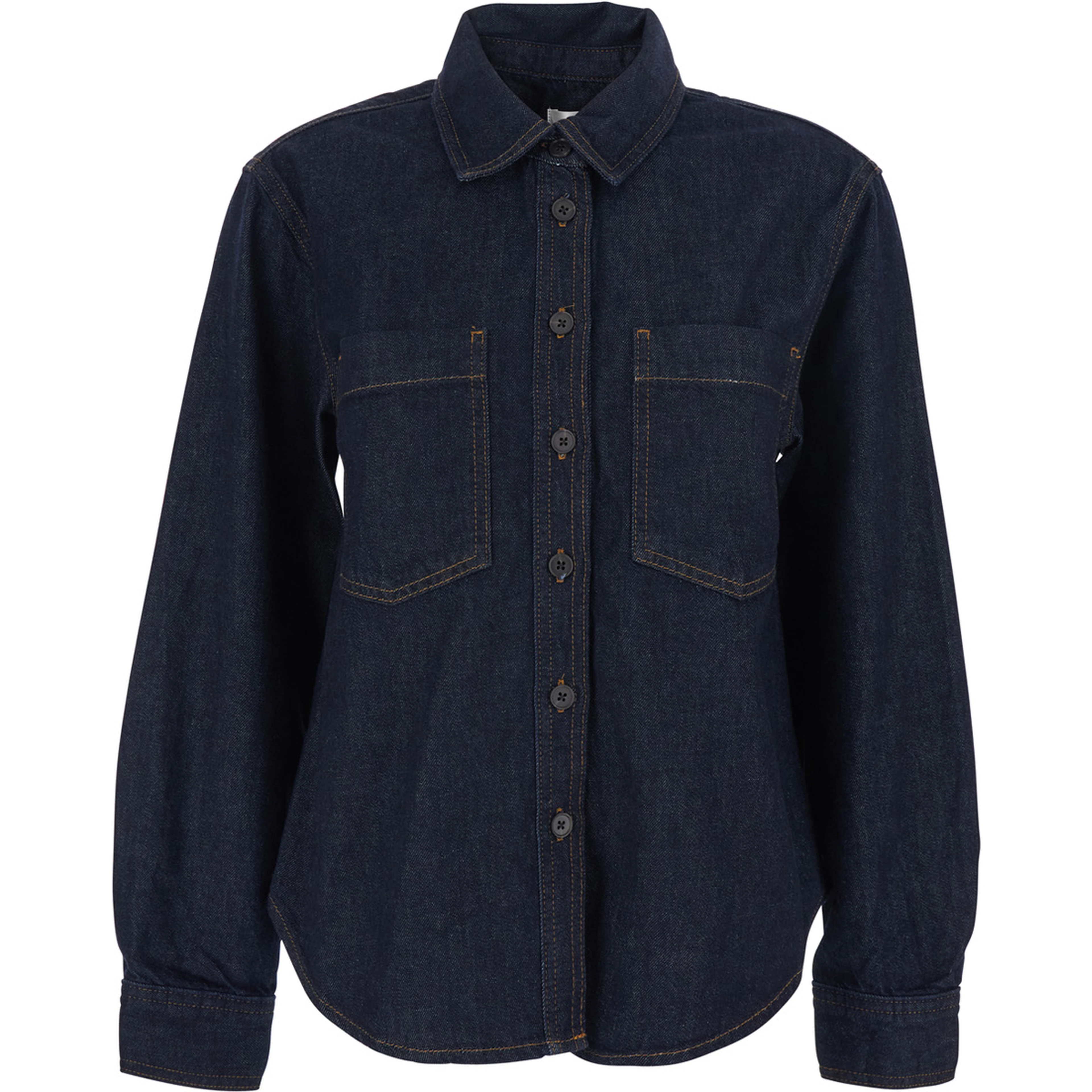 Blue Shirt with Classic Collar and Two Patch Pockets on the Chest in Denim Woman