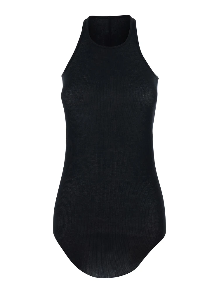 Black Top with U-Neck and Ribbed Desgin in Viscose and Silk Blend Woman