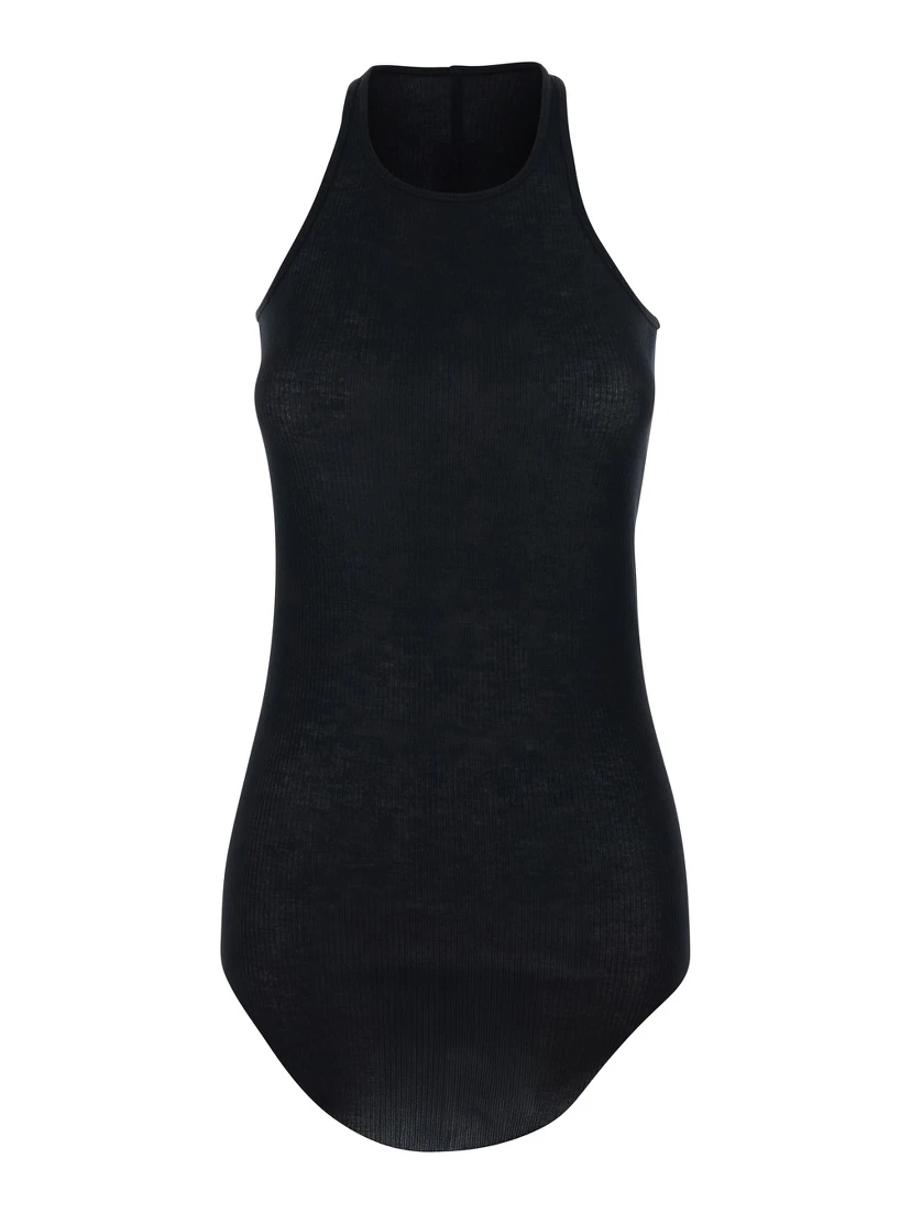 Black Top with U-Neck and Ribbed Desgin in Viscose and Silk Blend Woman