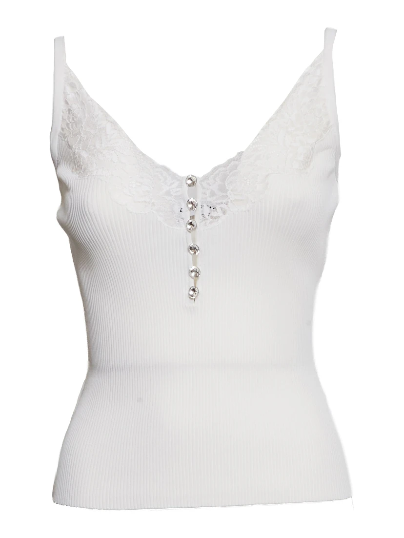 White Lace Trim Rib Knit Top