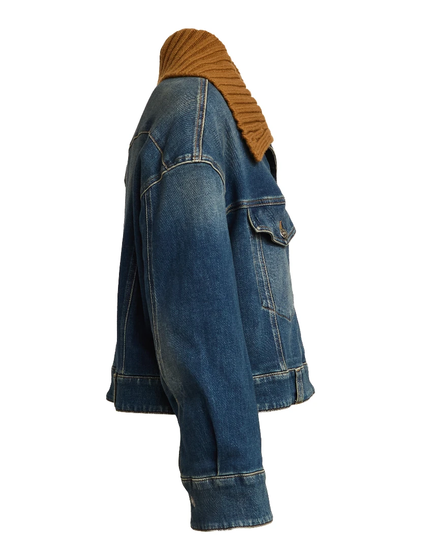 Giubbino In Denim Con Collo In Maglia In Contrasto