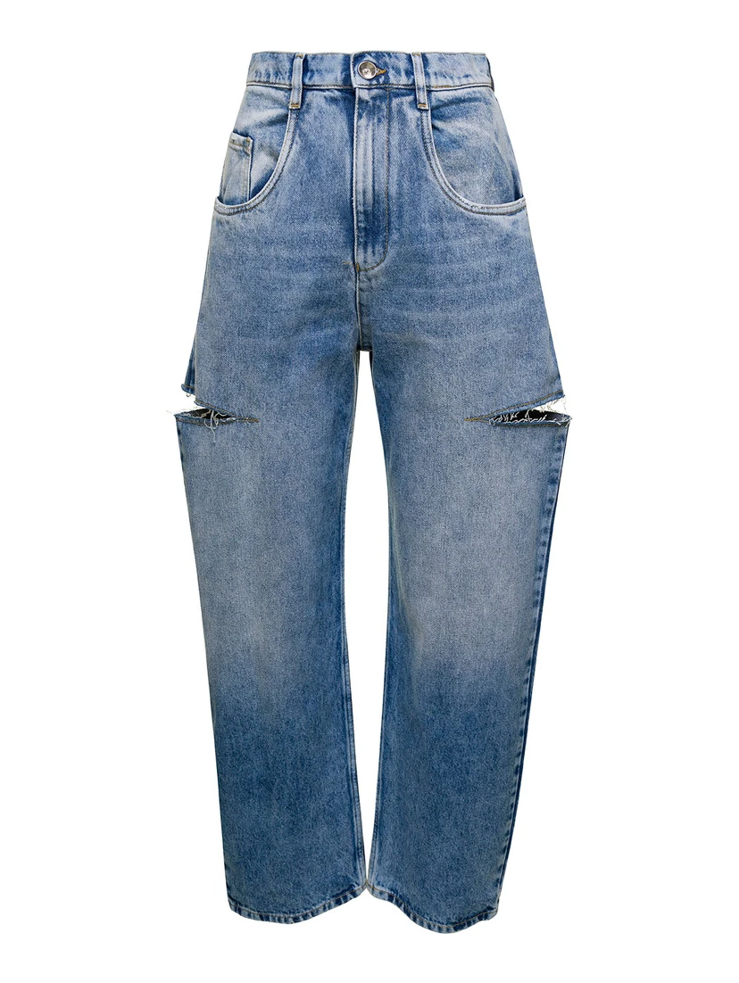 Blue Jeans with Cut-Out Details and Faded Effect in Denim Woman