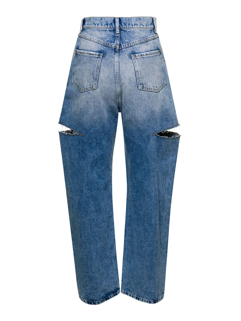 Blue Jeans with Cut-Out Details and Faded Effect in Denim Woman