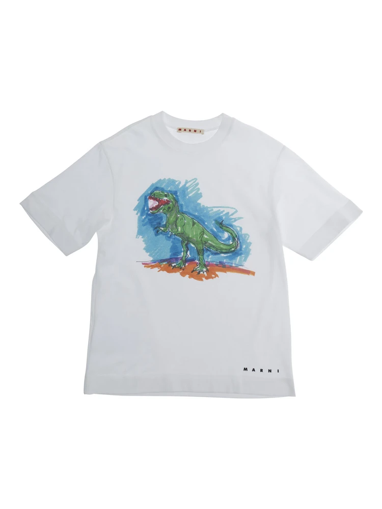 White Crewneck T-Shirt with Print on the Front and Logo Lettering on the Front in Cotton Boy