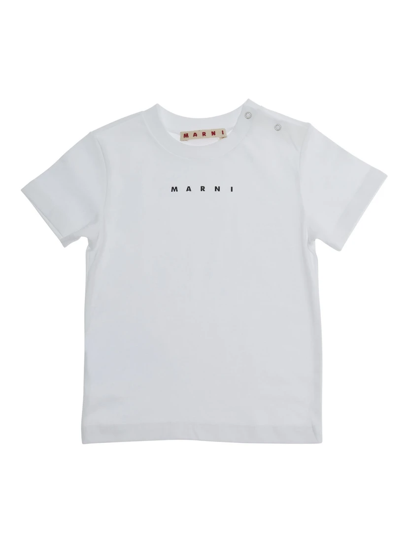 White Crewneck T-Shirt with Logo Lettering on the Front in Cotton Baby