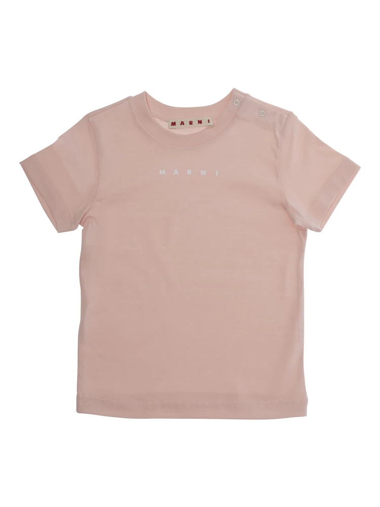 Pink Crewneck T-Shirt with Logo Lettering on the Front in Cotton Baby